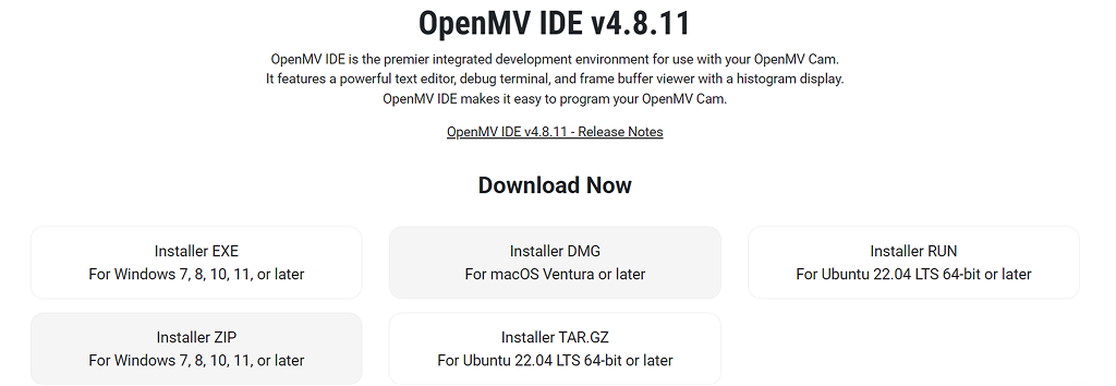 OpenMV 公式サイト ダウンロードページ